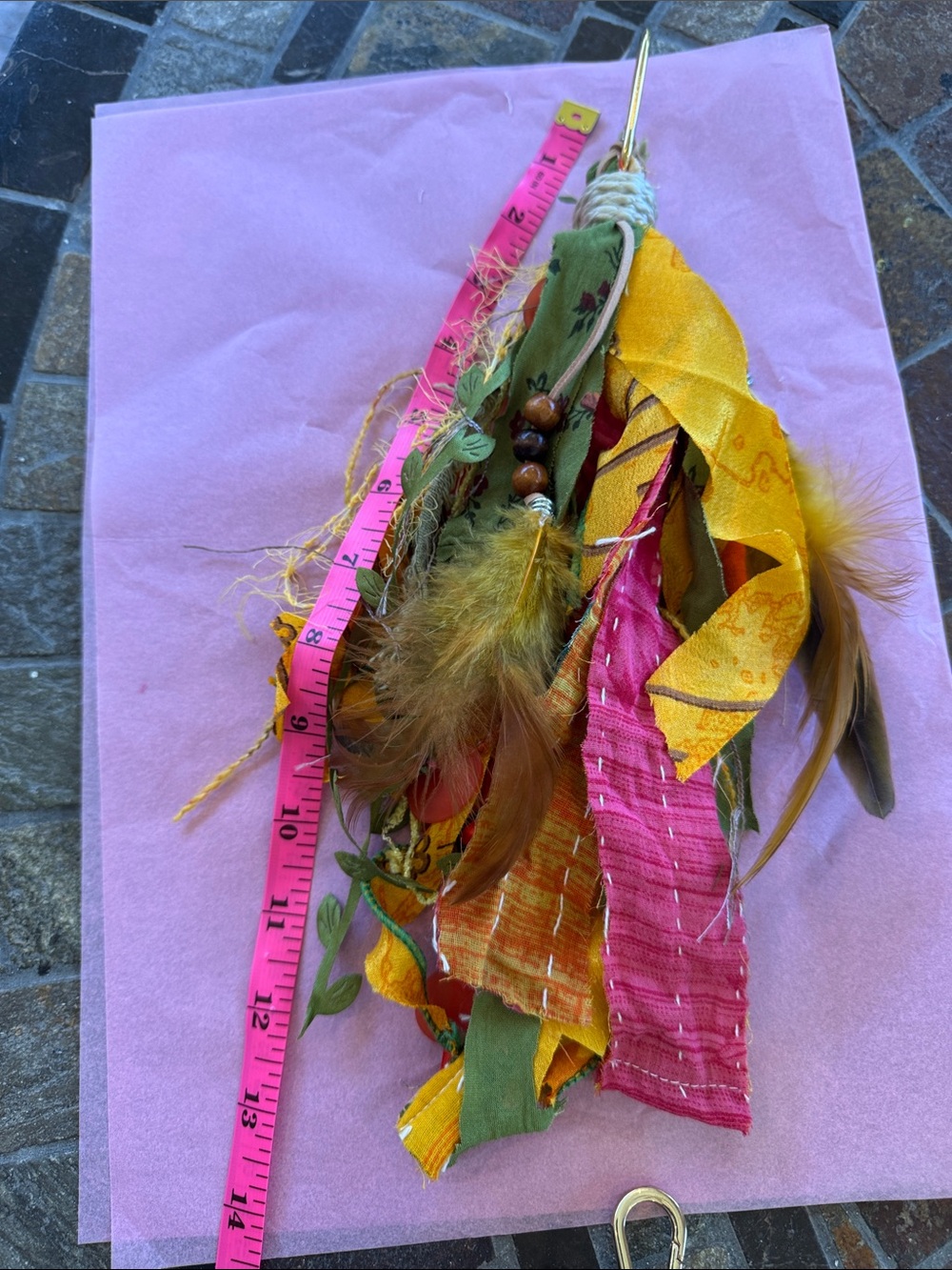 Handmade Feather & Fabric Purse Charm/Key Chain - Pink, Yellow, Green